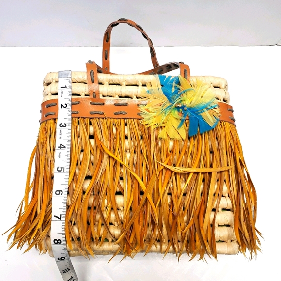 Vintage BACAMUNDA Rattan Feather & Straw Tote Bag - Picture 6 of 10